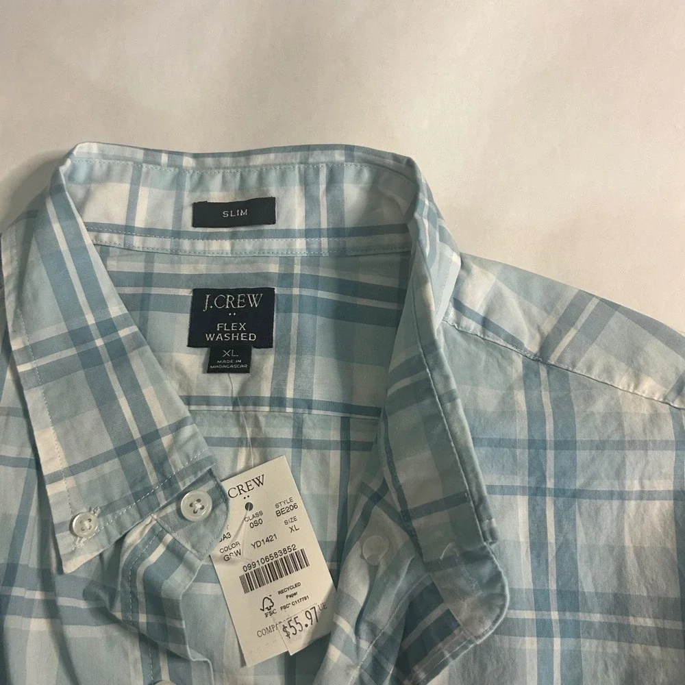 J.Crew Mens XL Slim Flex Washed Plaid Button‎ Down Shirt Blue White
